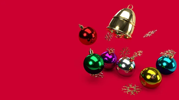Χριστουγεννιάτικη μπάλα και χρυσό κουδούνι 3d απόδοση για τις διακοπές περιεχόμενο. — Φωτογραφία Αρχείου