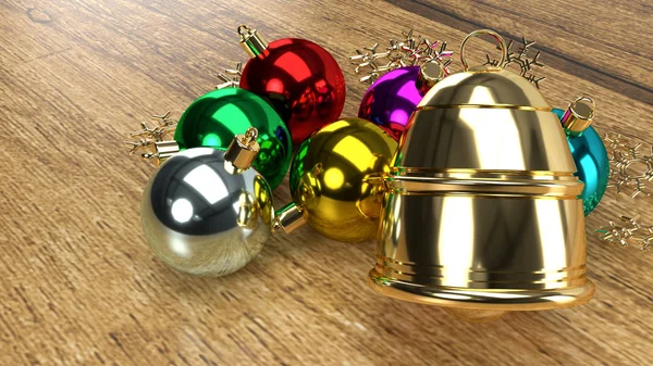 Χριστουγεννιάτικη μπάλα και χρυσό κουδούνι 3d απόδοση για τις διακοπές περιεχόμενο. — Φωτογραφία Αρχείου