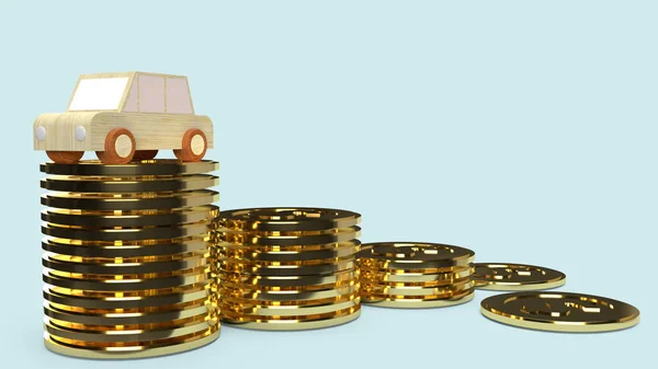Auto hout speelgoed en gouden munten voor auto zakelijke inhoud. — Stockfoto