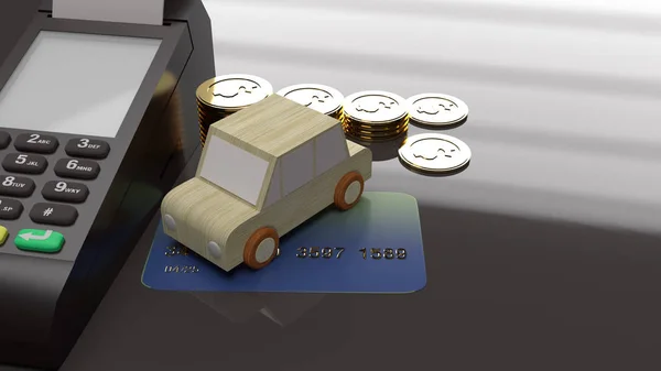 Carro brinquedo de madeira e moedas de ouro, cartão de crédito para carro negócio con — Fotografia de Stock