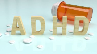 Tıbbi içerik için parlak plaka üzerindeki Adhd ahşap metni 3D görüntüleyici