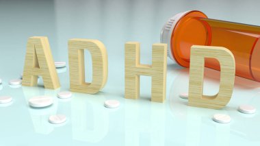 Tıbbi içerik için parlak plaka üzerindeki Adhd ahşap metni 3D görüntüleyici