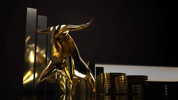 Toro de oro y monedas de oro 3d representación de contenido empresarial . — Foto de Stock