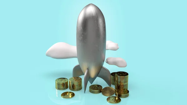 The rocket and gold coins 3d rendering for start up content.