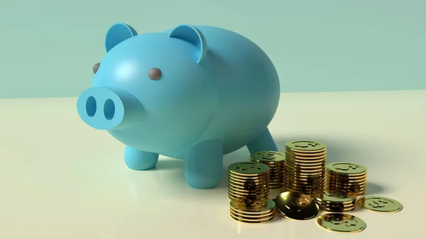 Blue Piggy Bank Gold Coins Rendering Business Content — Stock Photo, Image