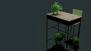Virüs krizi içeriğinde okula dönüş için 3D tablo ve virüs hazırlanması