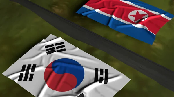 Banderas Corea Del Norte Corea Del Sur Mapa Representación Contenido — Foto de Stock