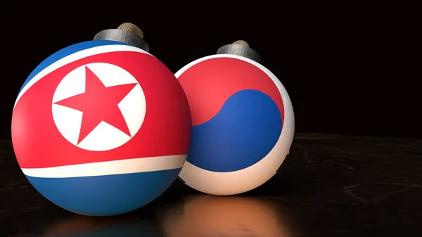 North Korea South Korea Flags Bomb Rendering Border Content 남북한 — 스톡 사진