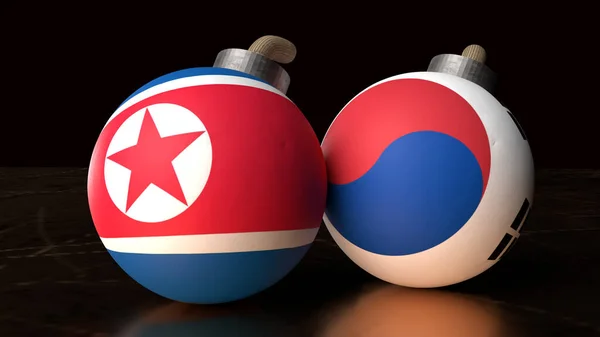 Corea Del Norte Corea Del Sur Banderas Bomba Representación Contenido — Foto de Stock