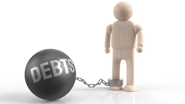 Wood Figure Debts Metal Ball Rendering Financial Concep — Stock Photo, Image