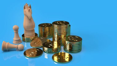Altın sikkeler üzerindeki şövalye satrancı iş içeriği için 3D.
