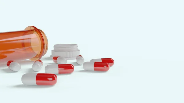 Φιάλη Φάρμακο Και Κόκκινο Λευκό Καψάκιο Απόδοση Για Ιατρικό Περιεχόμενο — Φωτογραφία Αρχείου