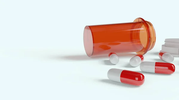 Φιάλη Φάρμακο Και Κόκκινο Λευκό Καψάκιο Απόδοση Για Ιατρικό Περιεχόμενο — Φωτογραφία Αρχείου