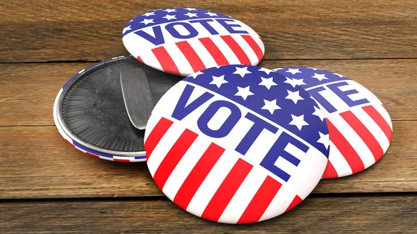 美国人投票徽章在木制桌子上的社交内容3D渲染 — 图库照片