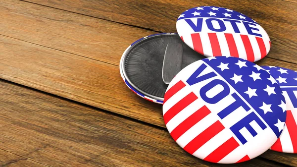 美国人投票徽章在木制桌子上的社交内容3D渲染 — 图库照片