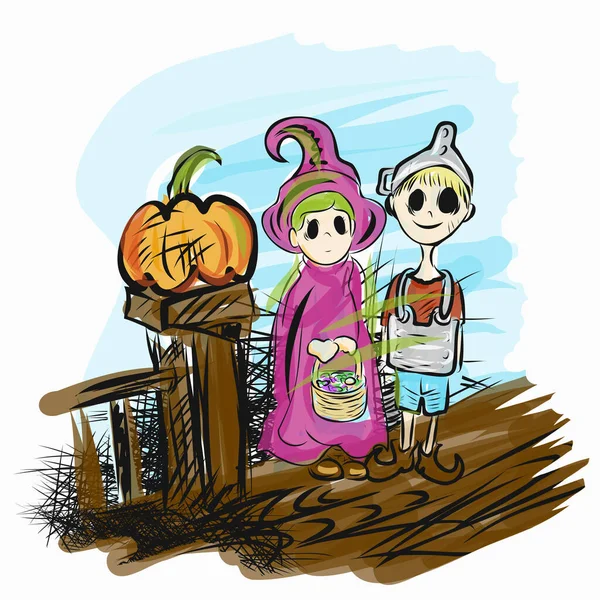 Los Niños Vestido Traje Halloween Pie Puerta Principal Para Contenido — Vector de stock