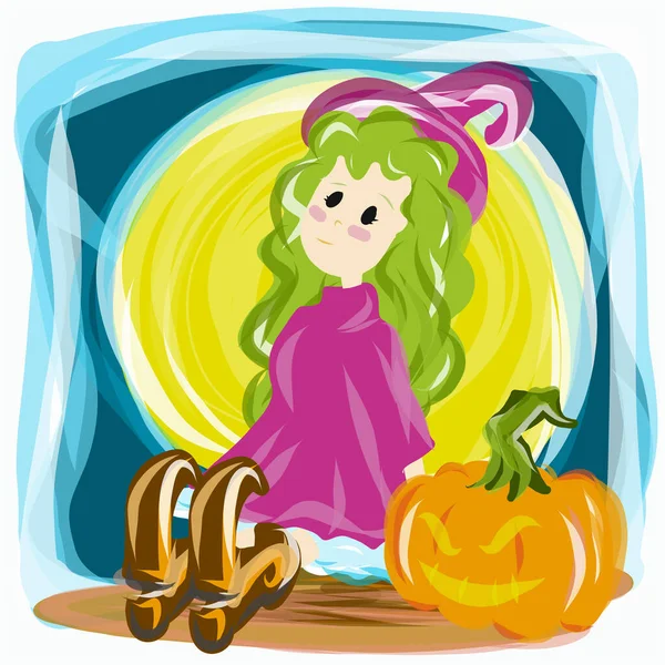 Little Witch Pumpkin Jack Lantern Vector Halloween Content — Stock Vector