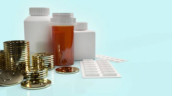 The drug medical bottle and coins for health  content 3d rendering