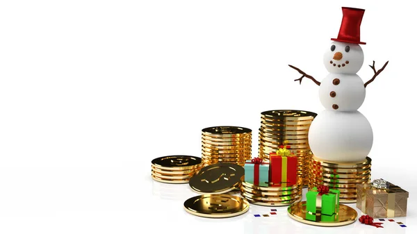 Χιονάνθρωπος Και Χρυσά Νομίσματα Για Τις Επιχειρήσεις Χριστούγεννα Νέο Έτος — Φωτογραφία Αρχείου