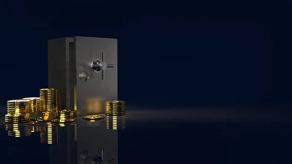 セキュリティコンテンツ3Dレンダリングの暗い背景にある安全なボックスと金のコイン — ストック写真