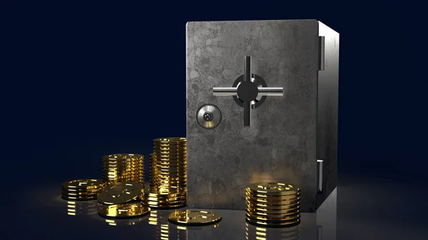 The safe box and gold coins in dark background for  security content 3d renderin