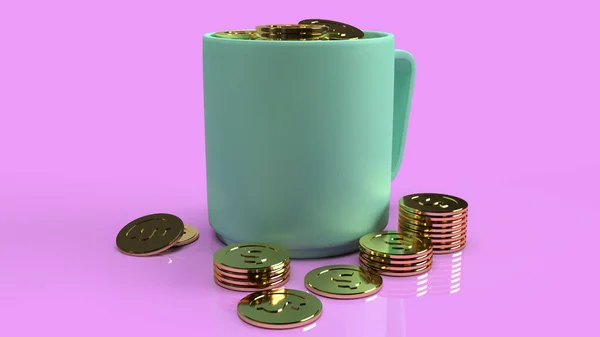 Синя Чашка Золота Монета Рожевому Фоні Бізнес Контенту Рендеринга — стокове фото