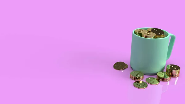 ビジネスコンテンツのためのピンクの背景にある青のカップと金のコイン3Dレンダリング — ストック写真