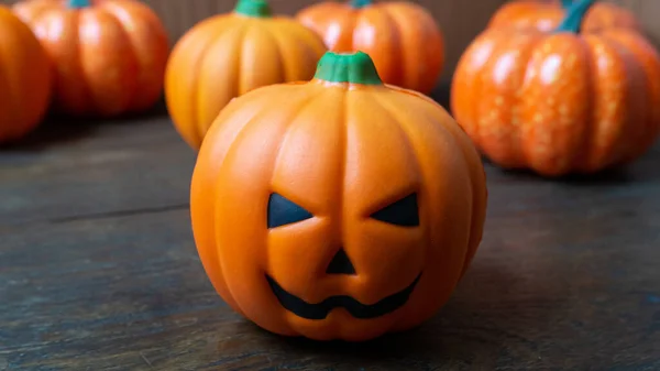 Bambola Jack Zucca Sul Tavolo Legno Contenuto Halloween — Foto Stock