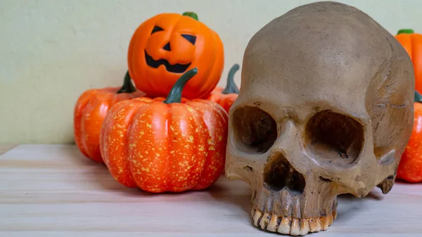 Muñeca Gato Calabaza Cráneo Mesa Madera Para Contenido Halloween — Foto de Stock