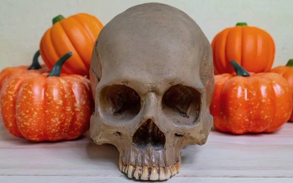 Pompoen Jack Pop Schedel Houten Tafel Voor Halloween Inhoud — Stockfoto