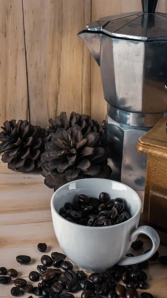 Los Granos Café Taza Blanca Mesa Madera Para Contenido Alimentos — Foto de Stock