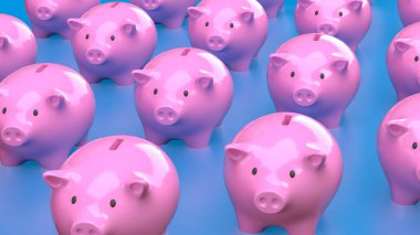 Piggy Bank Group, 3d Tasarlama veya Kazanma kavramı için mavi Arkaplan.