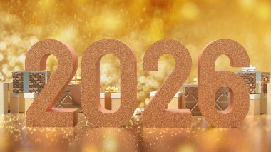 Altın Hediye Kutusu ve 2026 Tatil veya Kutlama Konsepti 3D Hazırlama