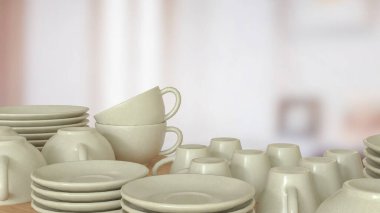 Seramik mutfak malzemesi ahşap masa üzerinde gıda konsepti 3D oluşturma.