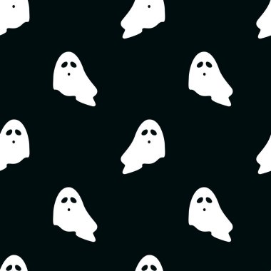 Seamless vector pattern with flying white ghosts on the dark background. Easy changeable color of pattern and background.