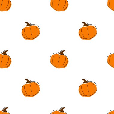Seamless vector pattern with pumpkins in cartoon style with line art elements. Easily changeable background color.
