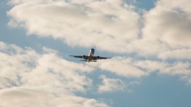 Telephoto Shot Large Airliner Approaching Airport Moments Landing Bright Sunny — Stock Video