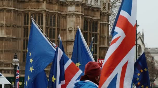 ロンドン 2019 Brexit を停止する入札で 英国ロンドンのウェストミン スター議会の前で旗を振ってプロ Remainers のスローモーション撮影 — ストック動画