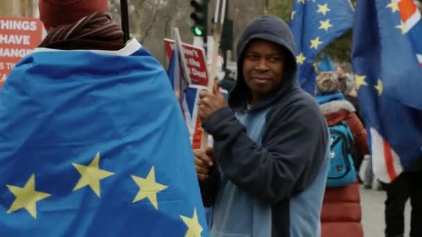 London Circa 2019 Close Shot Pro Remainers Demonstrating Flags Posters — Stock Video