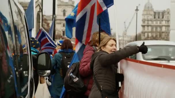 London Circa 2019 Close Shot Pro Remainers Demonstrating Flags Waving — Stock Video