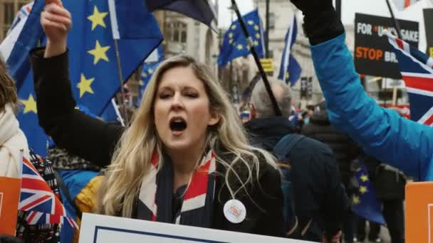 London Circa 2019 Slow Motion Shot Brexit Supporter Holding Flag — Stock Video