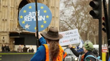 LONDON, circa 2019 - Pro-EU Remainer with a handmade poster and a whistle urging drivers-by to oppose BREXIT, outside Westminster Palace in London, UK