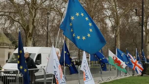Brexiteer 運動を残す手段は残して ロンドン 英国での読み取りの白い旗の横にあるフラグ 2019 Brexit の超スロー モーション ショット頃ロンドン — ストック動画