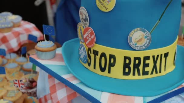 ロンドン 2019 Brexit を停止するために入札にロンドン 英国のウェストミン スター議会の前に食べ物を示すプロ Remainers のクローズ アップ ショット — ストック動画