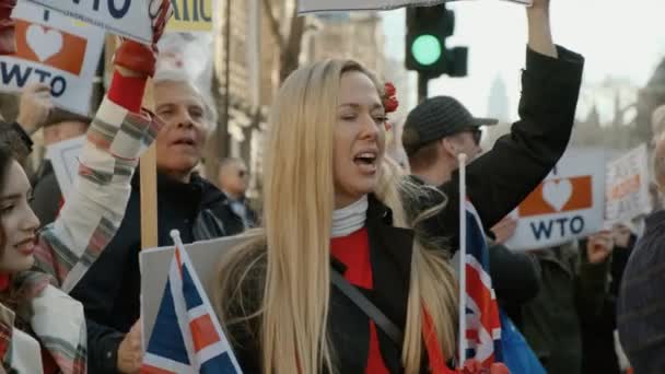 Londres Por Volta 2019 Faces Brexit Close Grupo Manifestantes Segurando — Vídeo de Stock