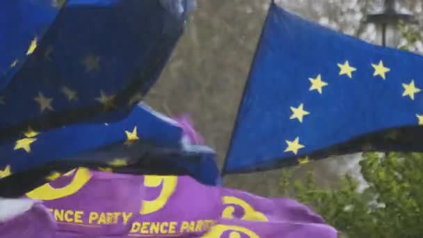 Bandeiras da UE e do UKIP acenando sob chuva intensa — Vídeo de Stock