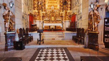 BARCELOS, Portugal, 19 June 2025 - Interior of the Igreja do Bom Jesus da Cruz Church reveals octagonal nave patterned azulejo walls reflecting baroque devotion in Barcelos, Braga, Portugal
