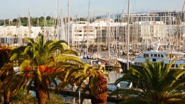LAGOS, The Algarve, Portugal, 15 January 2025 - Panoramic view of the Lagos Marina, Lagos, The Algarve, Portugal, with boats, masts, boardwalks and waterfront cafes along calm harbor waters