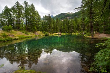 dağ gölü bir çam ormanı içinde Rhemes Notre Dame, Valle daosta, İtalya,