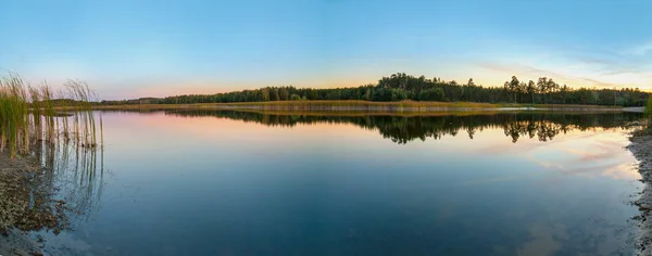 Jezero Vegetací Břehu Panoramatický Pohled Večer — Stock fotografie